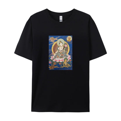 Buddhist Thangka Art T-Shirt for Men Women - White Cotton Tee with Traditional Tibetan Lotus Flower Design - Comfortable Casual Wear for Yoga Meditation and Daily Use