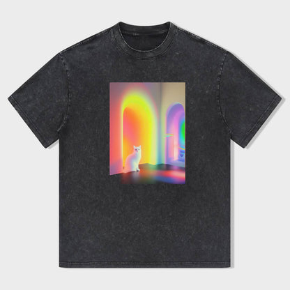 Unisex Crewneck Black T-Shirt with Rainbow Arch Cat Print for Casual Wear