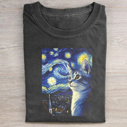 Round Neck Black T-Shirt with Van Gogh Starry Night Cat Print for Casual Wear