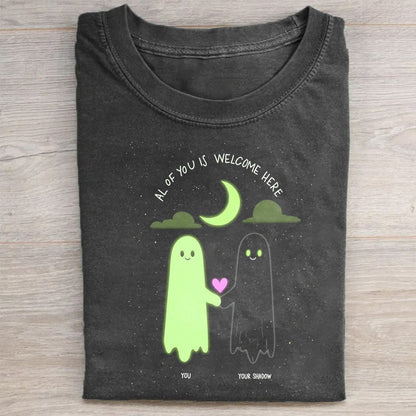 Crew Neck T-Shirt Black Cute Ghosts with Moon and All Who Wander Are Welcome Here Print for Casual Wear