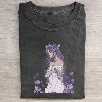 Anime Character Floral Print Women's Casual T-Shirt