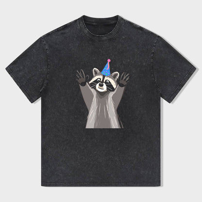 Retro Crew Neck T-Shirt Black Raccoon in Party Hat Print Casual Daily Wear