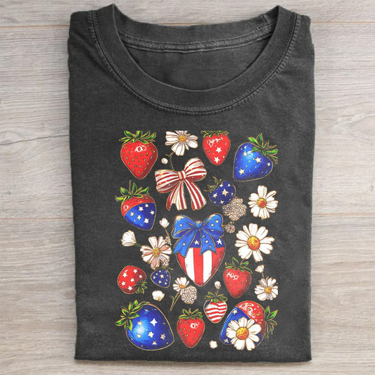 Patriotic Strawberry and Daisy Print T-Shirt