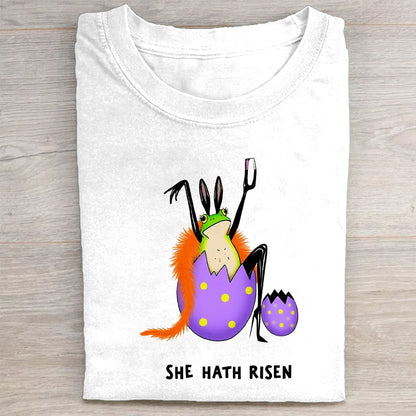 Easter Bunny with Egg She Hath Risen Graphic Print T-Shirt