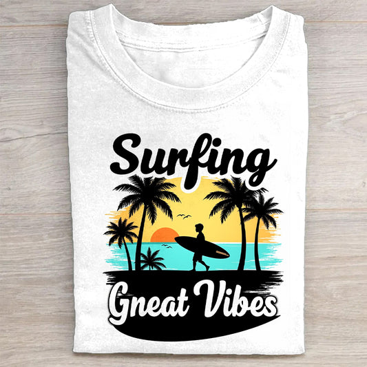 Surfing Great Vibes Tropical Beach Graphic T-Shirt