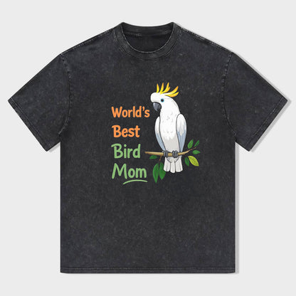 Crew Neck Black T-Shirt with World's Best Bird Mom Cockatoo Print for Pet Lovers
