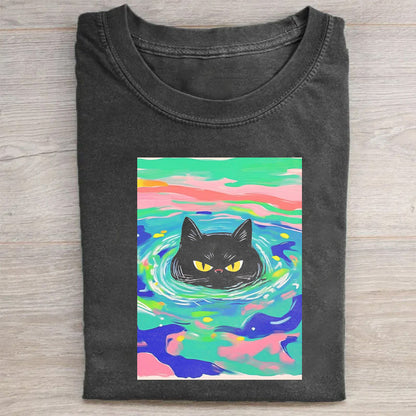 Neon Cat in Water Graphic Print Men's Fashion T-Shirt