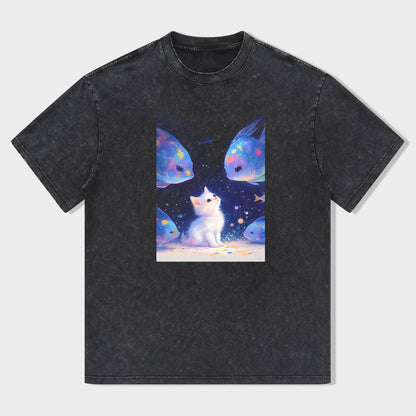 Cute Cat and Dreamy Fish Graphic T-Shirt