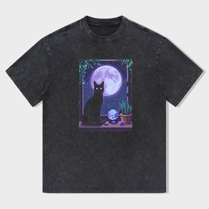 Black Cat Moon Night Window Graphic T-Shirt