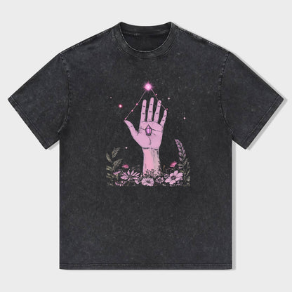 Mystical Hand with Pink Crystal and Floral Design Graphic T-Shirt