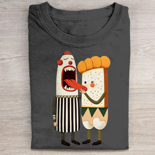 Clown and Bread Character Graphic T-Shirt