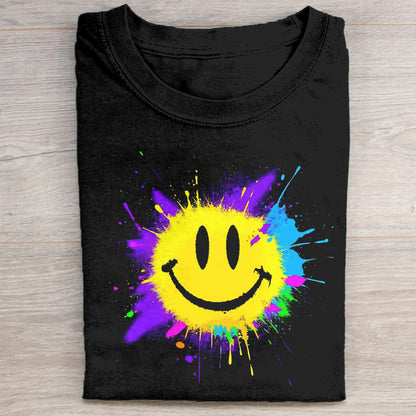 Colorful Splash Smiley Face Black T-Shirt
