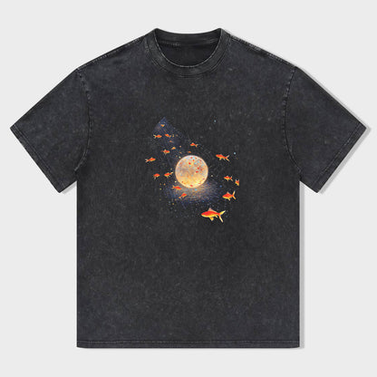 Black Graphic T-Shirt with Moon and Fish Print