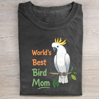 Crew Neck Black T-Shirt with World's Best Bird Mom Cockatoo Print for Pet Lovers