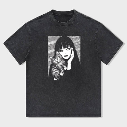 Black Graphic T-Shirt with Vintage Anime Girl and Cat Design for Women Men Unisex