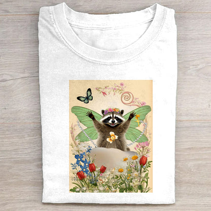Cute Raccoon with Fairy Wings and Flowers Print T-Shirt