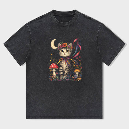 Cute Cat with Mushrooms and Moon Graphic T-Shirt