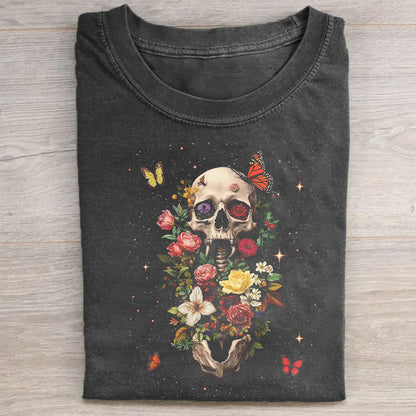 Round Neck Black T-Shirt with Skull Floral Print for Casual Wear