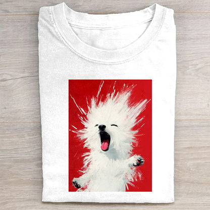 White T-Shirt with Red and White Abstract Art Print