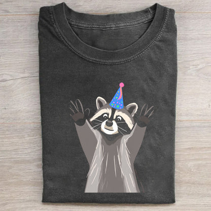 Retro Crew Neck T-Shirt Black Raccoon in Party Hat Print Casual Daily Wear