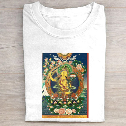 Buddhist Thangka Art T-Shirt  White Cotton Tee with Traditional Tibetan Design  Spiritual Meditation Clothing for Men and Women  Comfortable Fit for Daily Wear  Unique Cultural Gift Idea