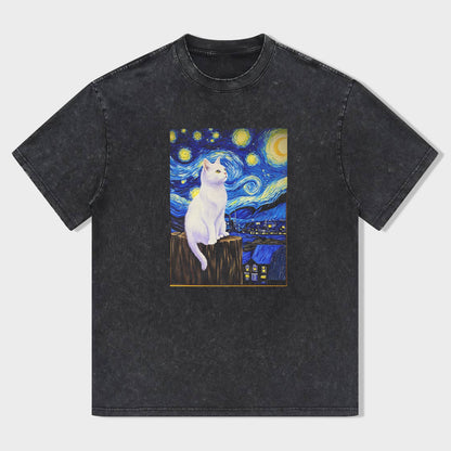 Short Sleeve T-Shirt Black Van Gogh Cat Art Print for Casual Wear