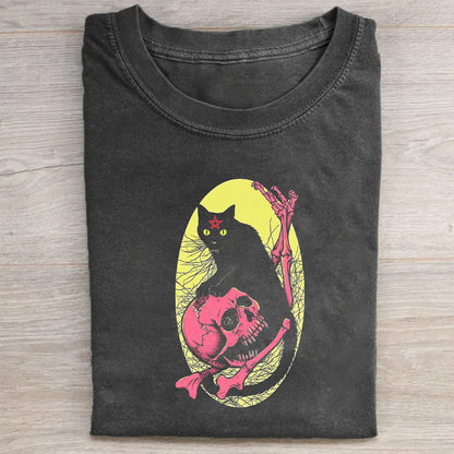 Skull Cat Graphic Tee for Men Women Unisex Casual Short Sleeve T-Shirt
