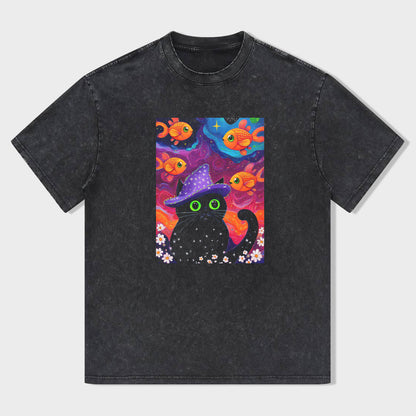 Halloween Black Cat with Fish Pattern Graphic T-Shirt