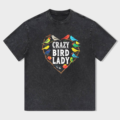 Crazy Bird Lady Graphic T-Shirt Black Heart Design with Colorful Birds for Women's Casual Wear