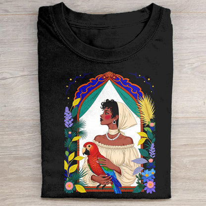 Colorful Tropical Bird and Woman Graphic T-Shirt