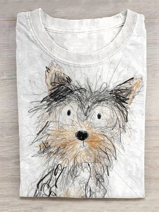 Scrawled Puppy Art Cute Dog Print Casual Short Sleeve T-Shirt