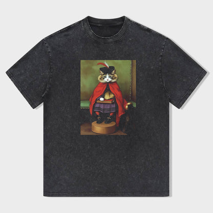 Vintage Black T-Shirt with Cat in Red Cape Graphic Print