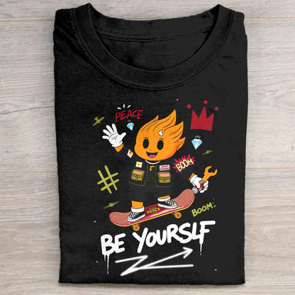 Be Yourself Graphic T-Shirt  Peace, Love, and Skateboarding Design - Unisex Black Tee