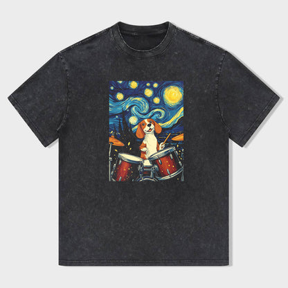 Short Sleeve Black T-Shirt with Starry Night Drumming Dog Print for Casual Wear