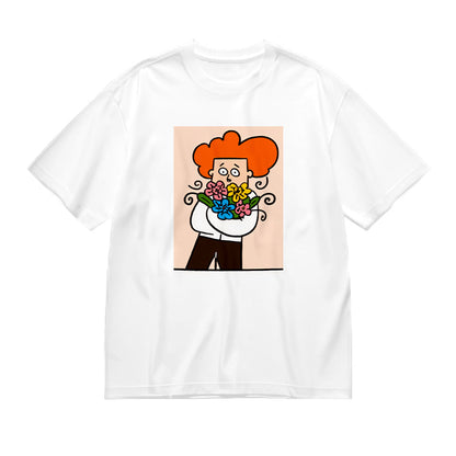Cute Cartoon Character with Flower Bouquet Graphic T-Shirt