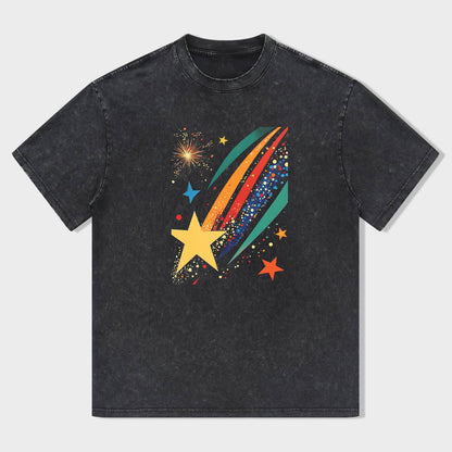 Short Sleeve Black T-Shirt with Colorful Star and Comet Print for Casual Wear