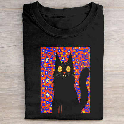 Black T-Shirt with Colorful Cat Graphic Design