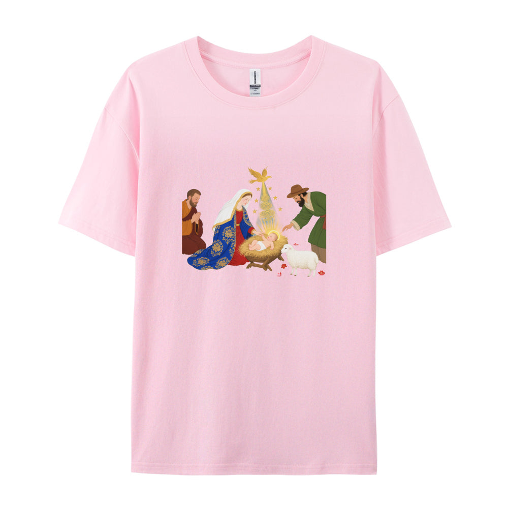 Christmas Nativity Scene T-Shirt  Festive Holiday Jesus Birth Design  Men Women Unisex Graphic Tee  Xmas Gift Idea for Family Friends  Comfortable Soft Cotton Blend Material  White Crewneck Top with Vibrant Print