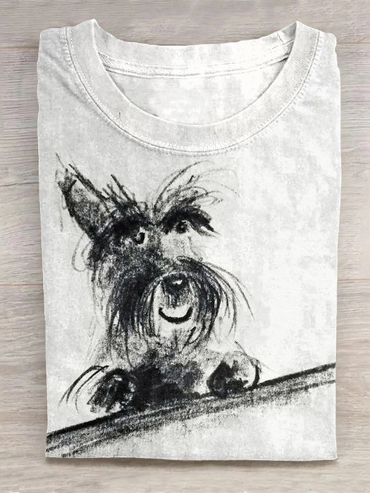 Scrawled Puppy Art Cute Dog Print Casual Short Sleeve T-Shirt