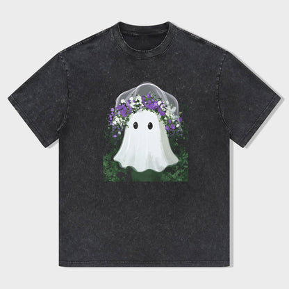 Cute Ghost with Purple Flowers Graphic T-Shirt