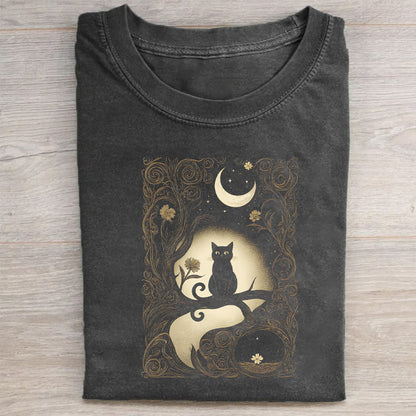 Black Cat Moon Night Graphic T-Shirt