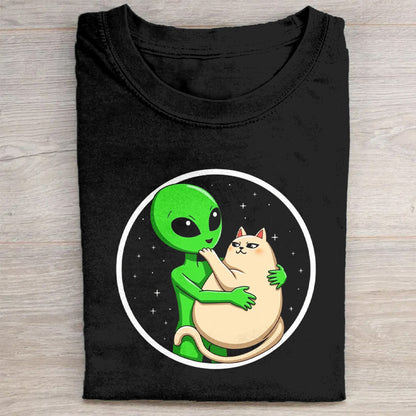 Alien Hugging Cat Graphic T-Shirt