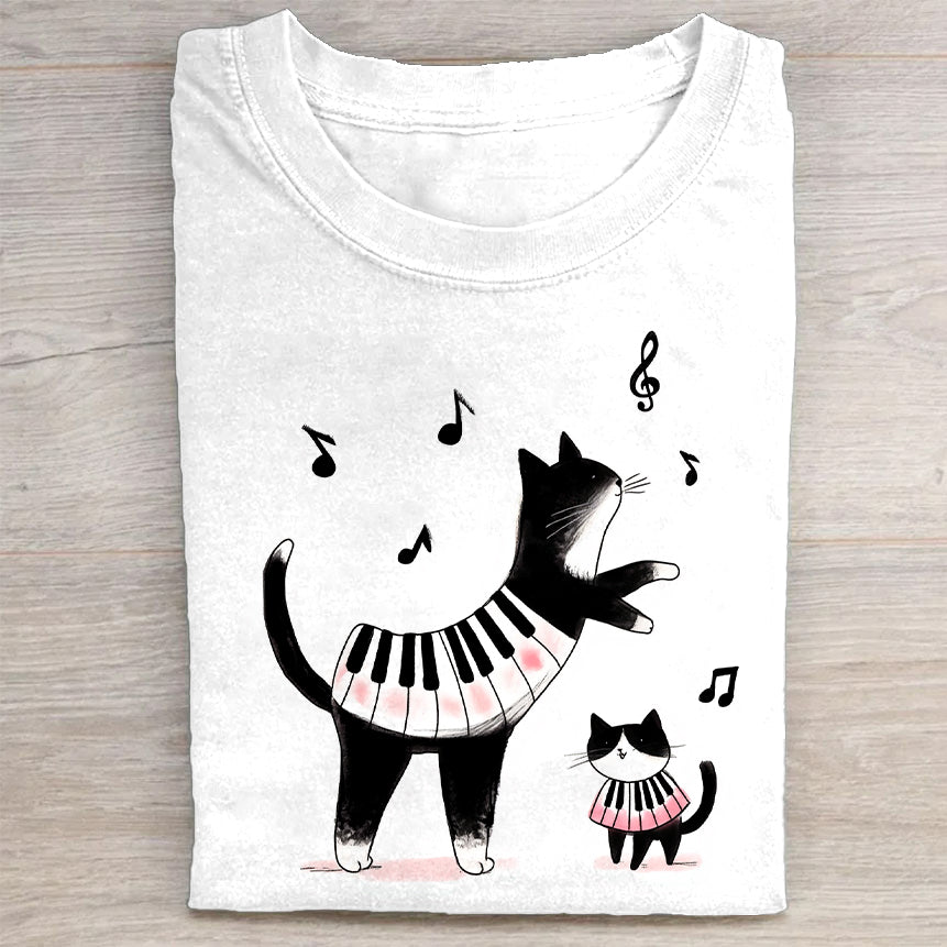 Cute Cat Piano Music Graphic T-Shirt