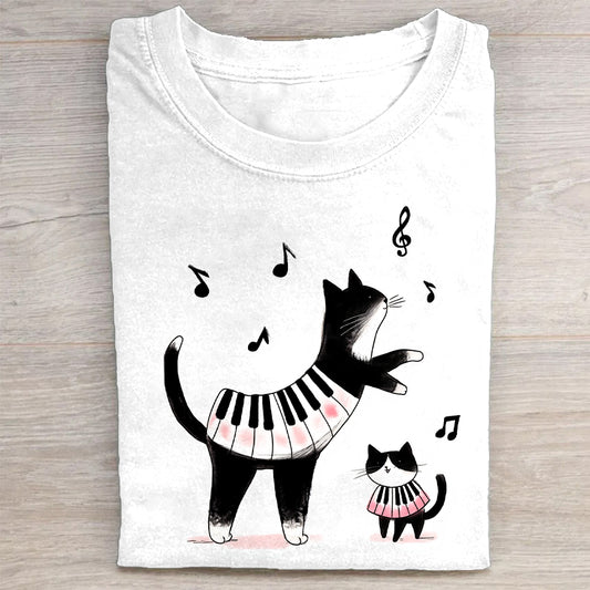 Cute Cat Piano Music Graphic T-Shirt