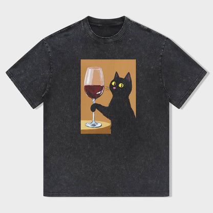 Black Cat Holding Wine Glass Graphic T-Shirt