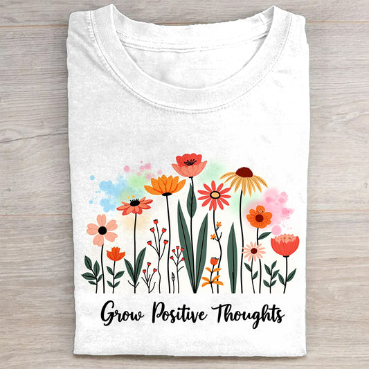 Grow Positive Thoughts Floral Design White T-Shirt