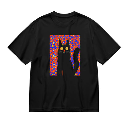Black T-Shirt with Colorful Cat Graphic Design