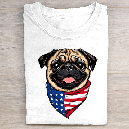 Patriotic Pug with American Flag Bandana T-Shirt