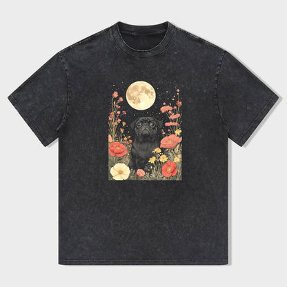 Black Labrador with Flowers and Moon Graphic T-Shirt