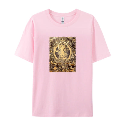 Buddhist Deity Art Print T-Shirt for Men Women  Spiritual Meditation Clothing  Unique Design Graphic Tee  Comfortable Casual Wear  Gold and Brown Pattern Top